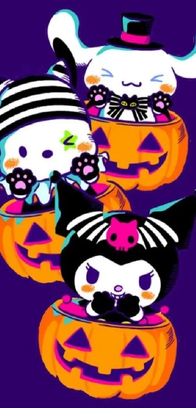 Cute Halloween characters in pumpkins on a purple background.