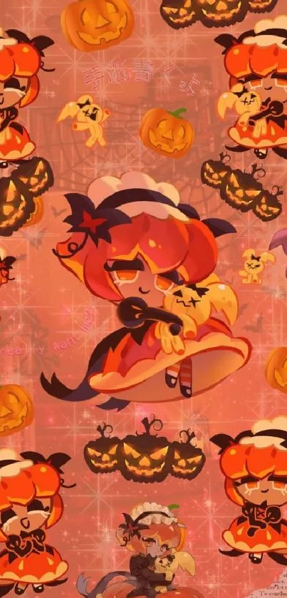 Cute Halloween cartoon wallpaper with pumpkins and characters.