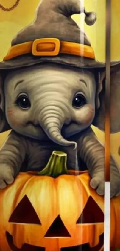 Cute elephant in witch hat inside Halloween pumpkin.