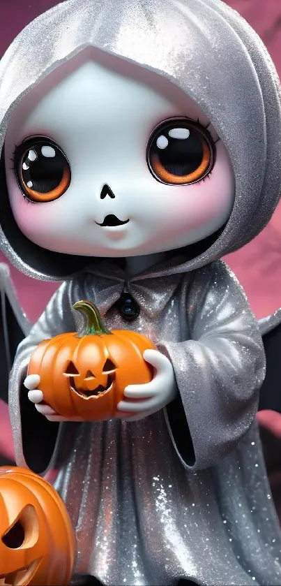 Cute ghost with pumpkin in Halloween art.