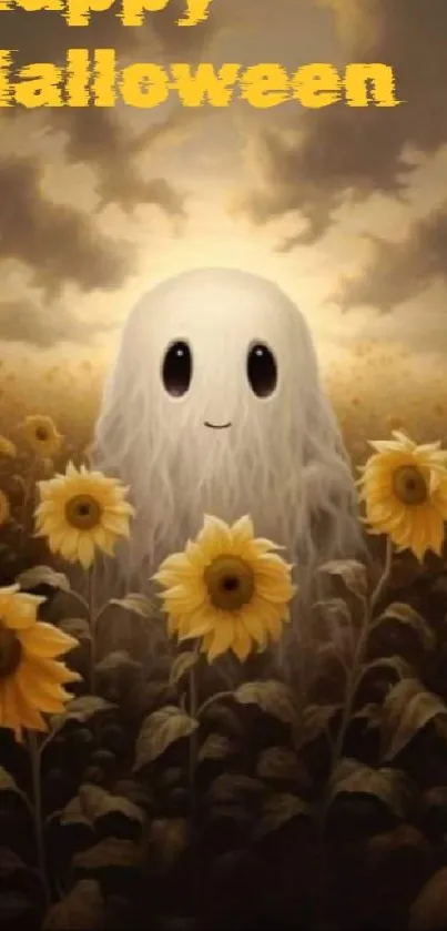 Cute ghost in sunflower field with Happy Halloween text.