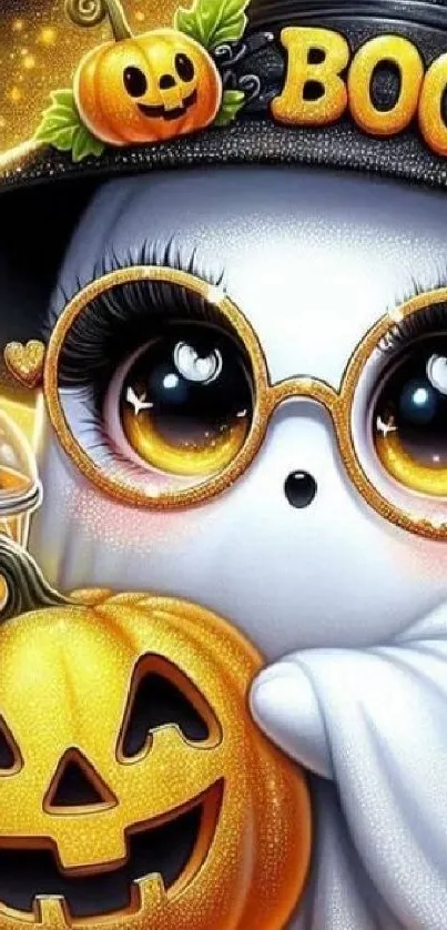 Cute animated ghost with pumpkin and spooky Halloween theme.