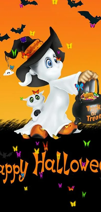 Cute ghost in witch hat with treat bag on Halloween wallpaper.