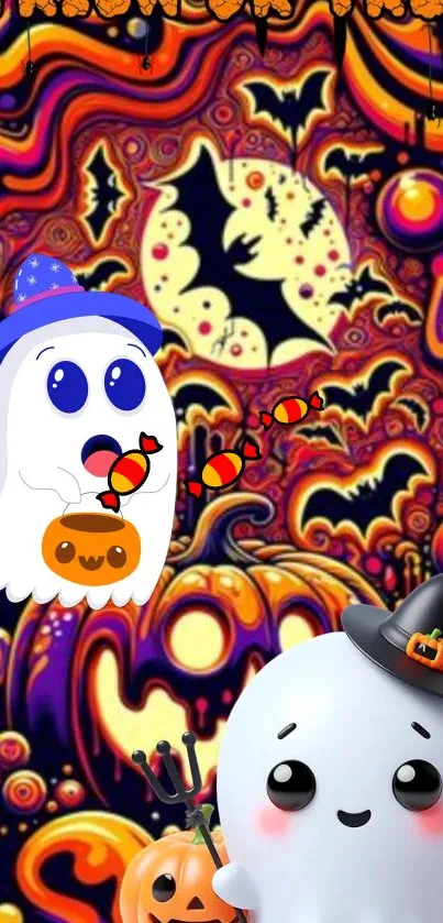 Cartoon ghosts with pumpkins and bats in colorful Halloween scene.