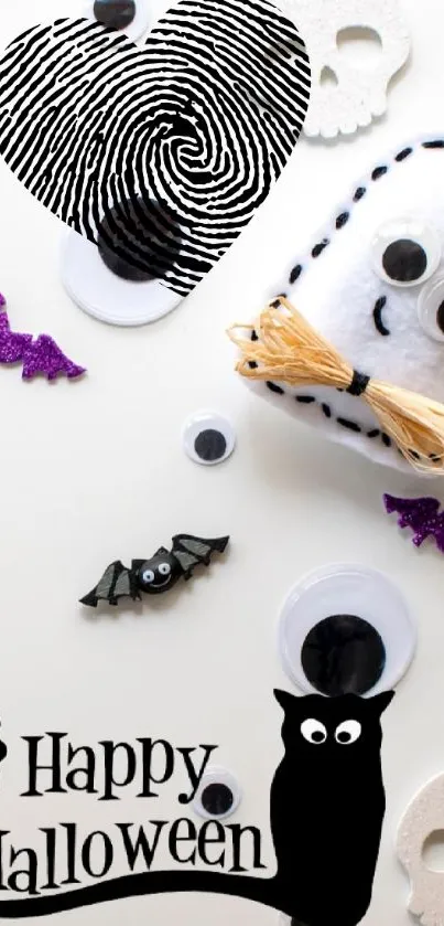 Cute Halloween ghost with bats and black cat in a fun wallpaper.