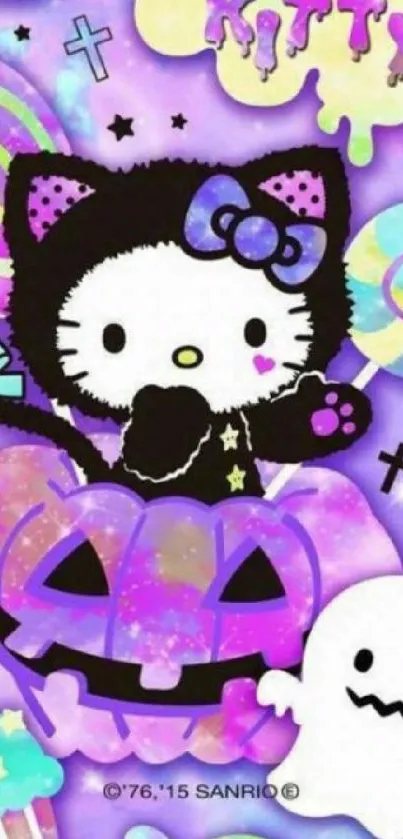 Cute Halloween Hello Kitty wallpaper with colorful pastel design.