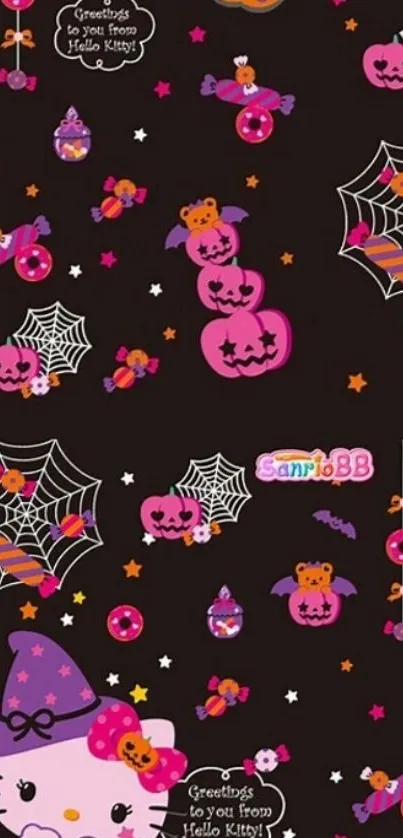 Hello Kitty Halloween wallpaper with pumpkins and cobwebs.