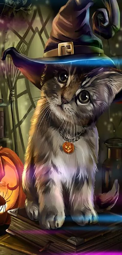 Cute kitten in witch hat with pumpkin in Halloween scene.