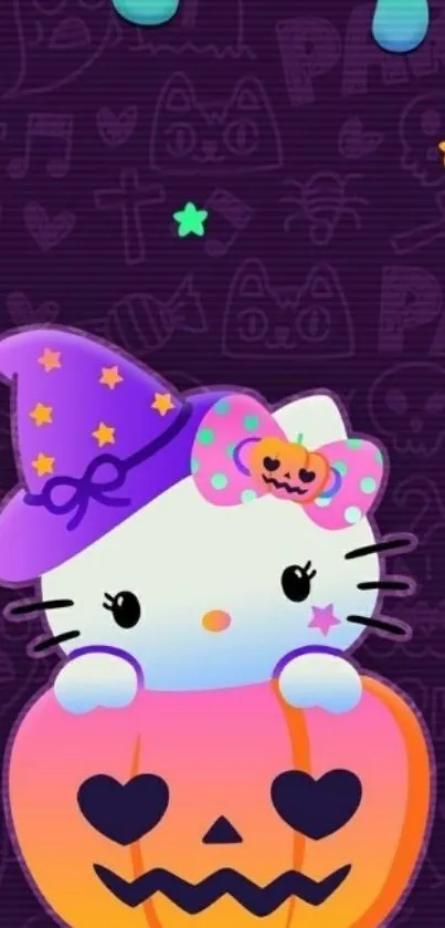 Cute Halloween kitty in a pumpkin wallpaper with vibrant purple and orange hues.