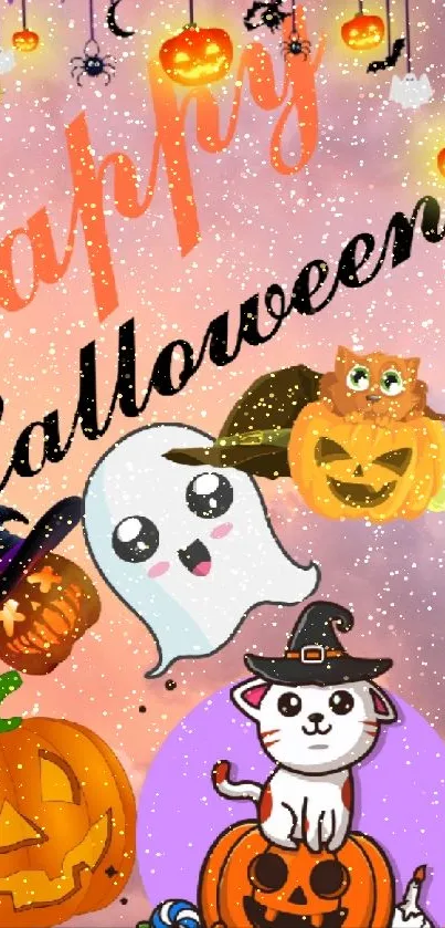 Cute Halloween wallpaper with pastel sky and festive elements.