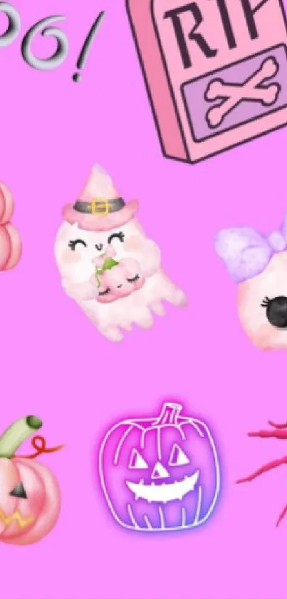 Halloween wallpaper with cute ghost, witch, and skull designs for mobile screens.