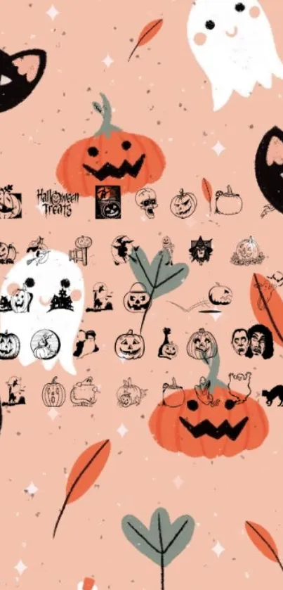 Cute Halloween wallpaper with pumpkins, ghosts, and cats on a soft orange background.