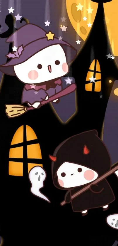 Cute Halloween wallpaper with ghostly characters on a mobile background.