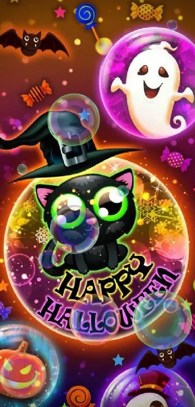 Cute Halloween mobile wallpaper with cat, ghost, and bats.