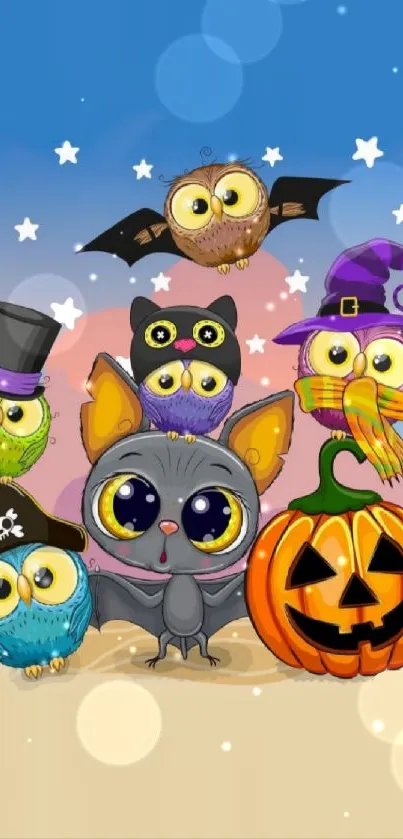 Cute owls in Halloween costumes with pumpkin on blue background.