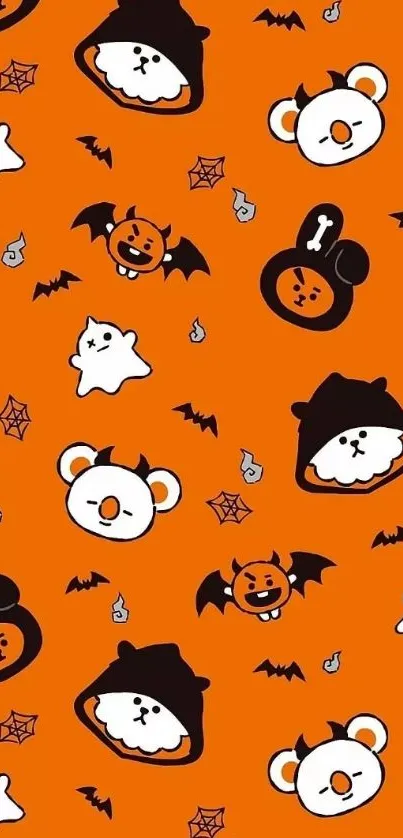 Cute Halloween wallpaper with orange background and playful characters.