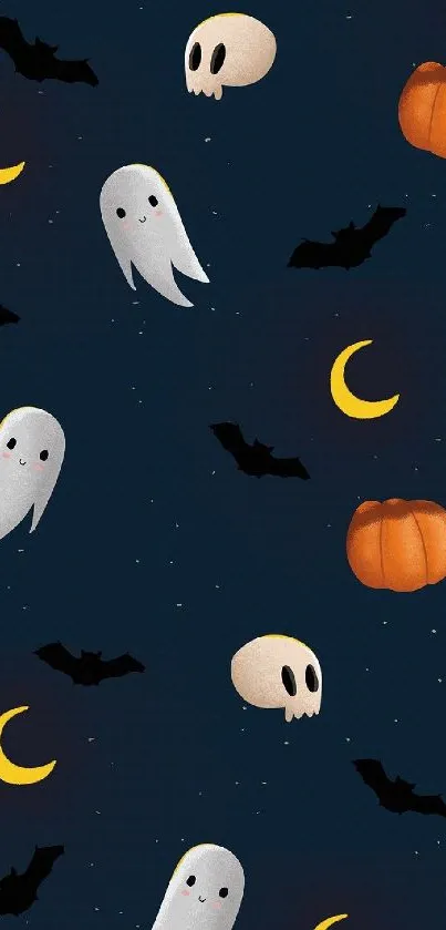 Cute Halloween phone wallpaper with ghosts, pumpkins, and bats on a dark background.