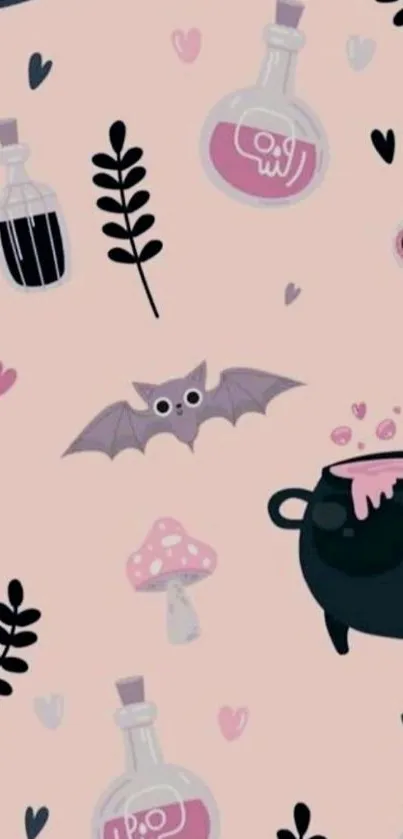 Cute Halloween wallpaper with potions, bats, and pink background.