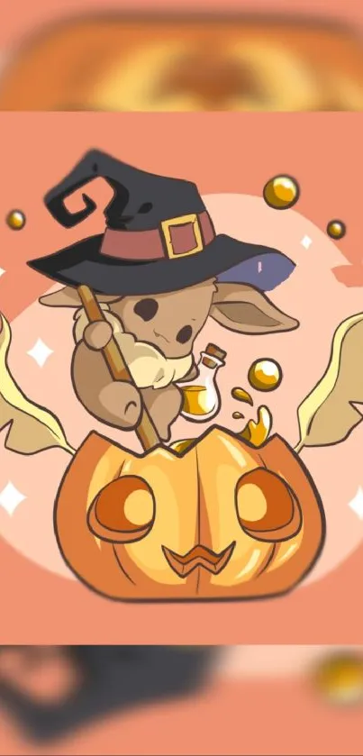 Cute creature in witch hat with a pumpkin on peach background.