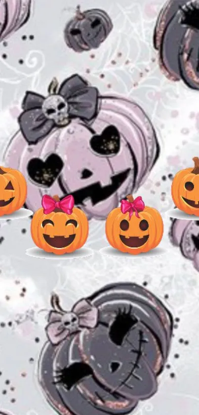 Cute pink Halloween pumpkins with bows and spooky smiles.