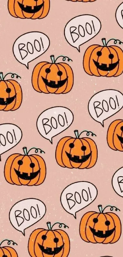 Halloween wallpaper with pumpkins and 'Boo!' bubbles.