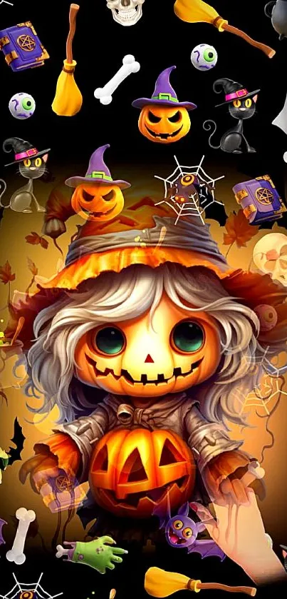 Cute pumpkin witch with Halloween elements on a wallpaper.