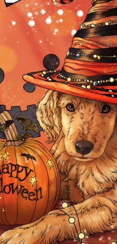 Cute puppy wearing a Halloween witch hat with pumpkin.