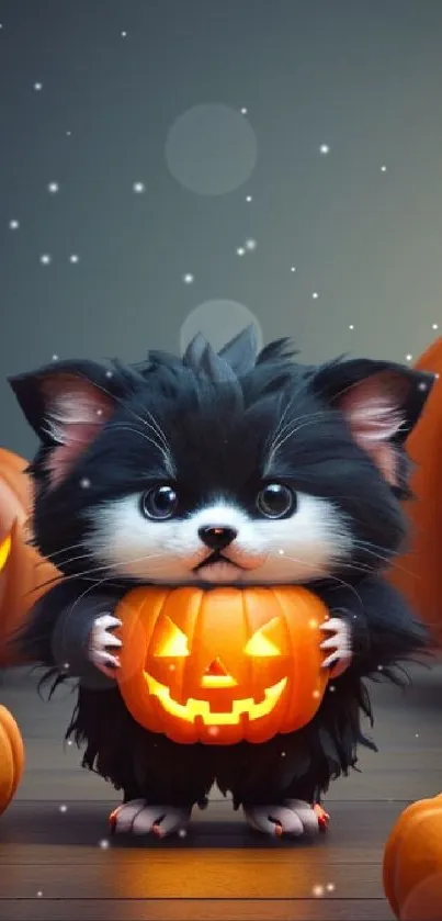 Adorable puppy holding a Halloween pumpkin with colorful jack-o'-lanterns.