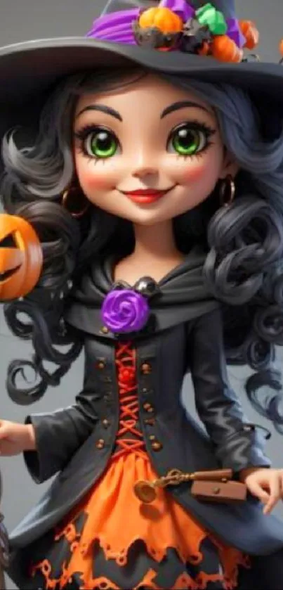 Cute witch in Halloween attire with pumpkins on mobile wallpaper.