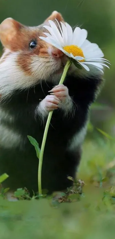 Cute hamster holding a daisy in a green field.