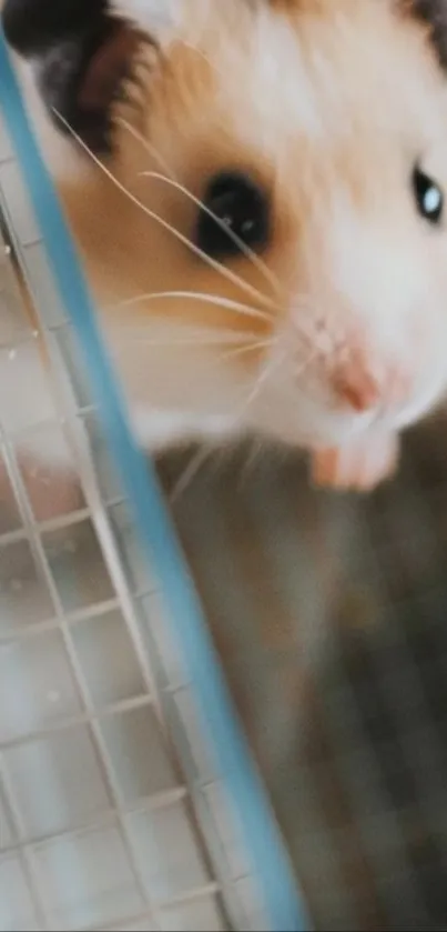 Close-up of a curious hamster behind cage bars.
