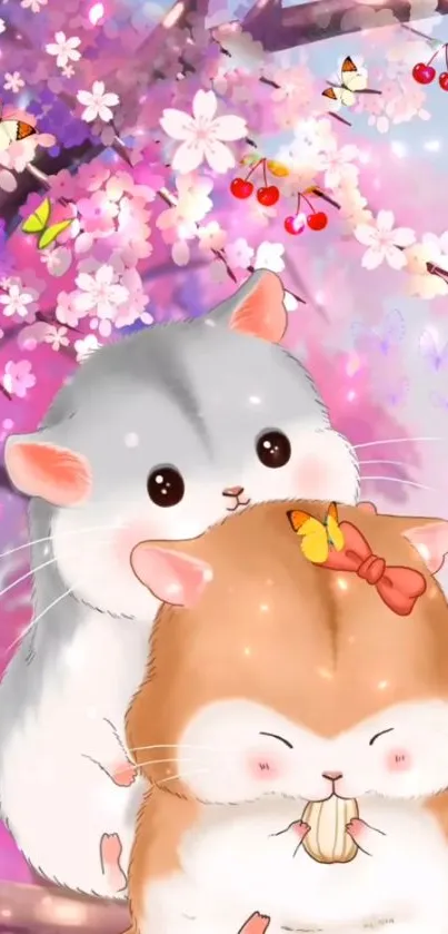 Cute hamsters under cherry blossoms in vibrant spring colors.