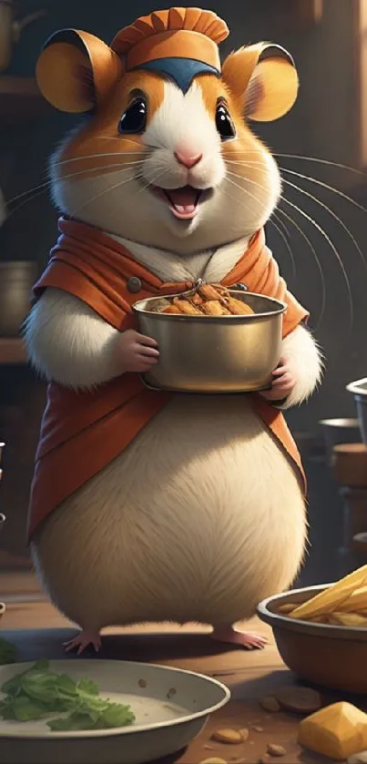 Adorable hamster chef in a cozy kitchen setting.