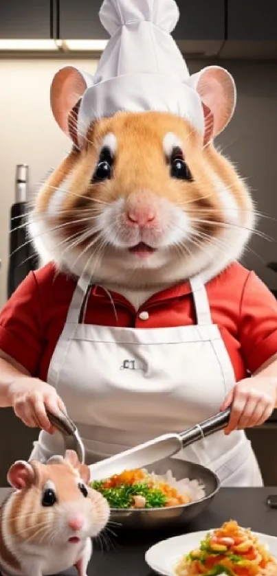 Cute hamster chef cooking in a kitchen, perfect for phone wallpaper.