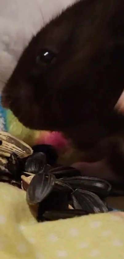 Cute hamster munching on sunflower seeds with a furry background.