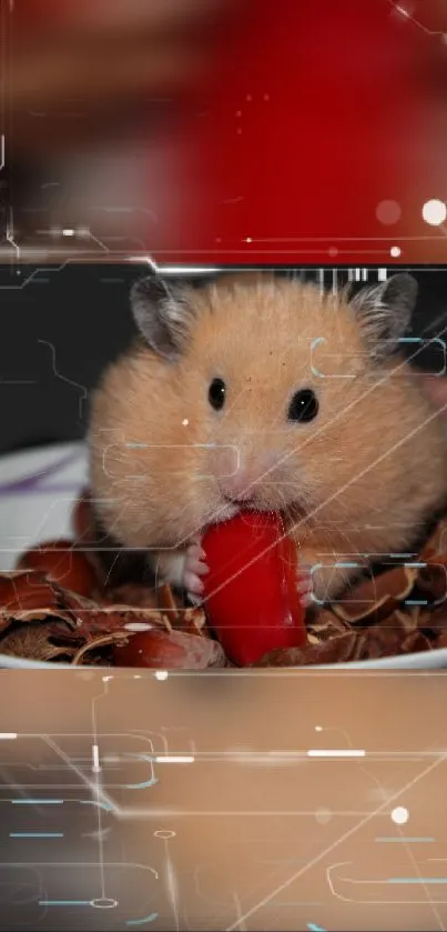 Cute hamster munching a red treat with a digital design background.