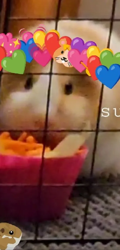 Cute hamster with colorful hearts as mobile wallpaper.