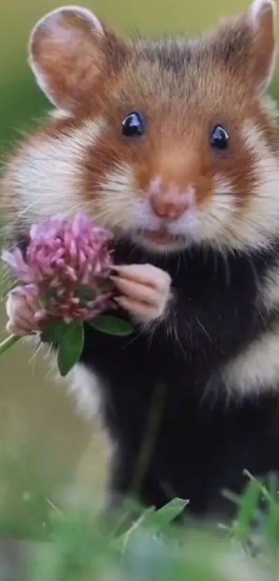 Cute hamster holding pink flower in grassy field.