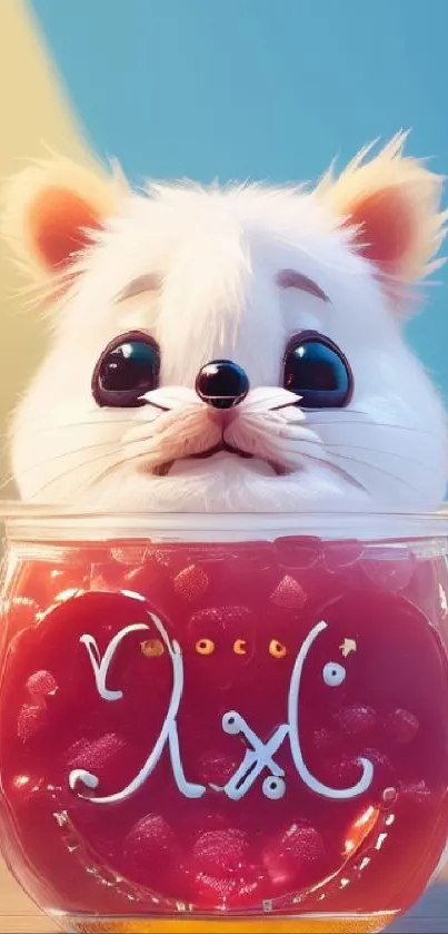 Cute hamster in a glass jar with strawberries, vibrant mobile wallpaper.