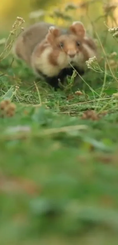 Cute hamster running through green grass.