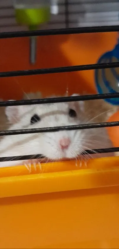 Adorable white hamster peeking from an orange cage.