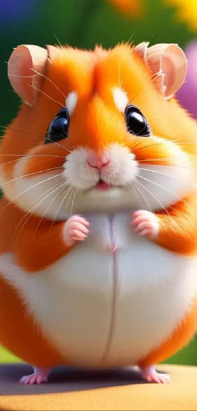 Adorable hamster surrounded by vibrant sunlit flowers in a garden.