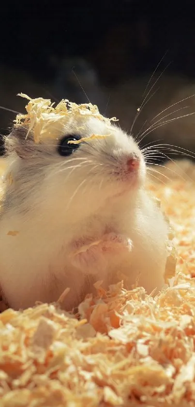 Cute hamster in bedding with wood shavings background.