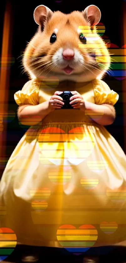 Cute hamster in a yellow dress holding a camera.