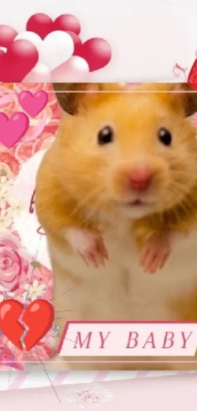 Adorable hamster surrounded by pink hearts and roses on a cute wallpaper.