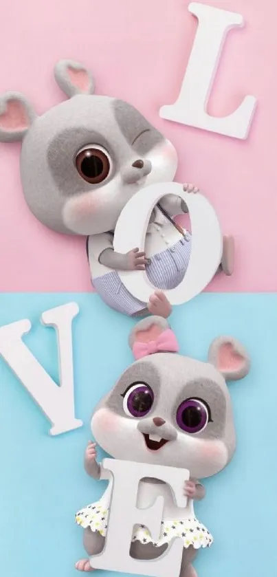 Cute cartoon hamsters holding 'LOVE' on pastel background.