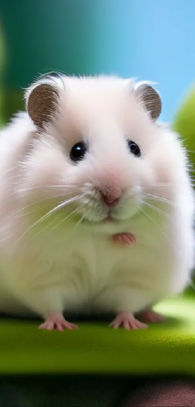 Cute fluffy hamster on vibrant green background, perfect for mobile wallpaper.