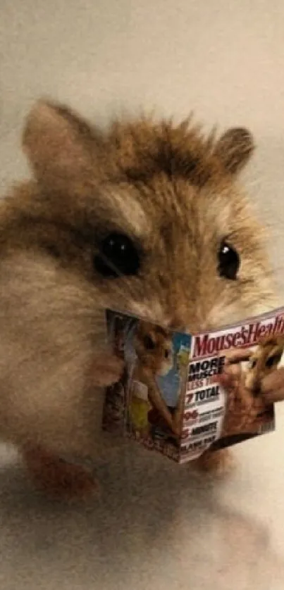 Cute hamster reading a tiny magazine, beige background.