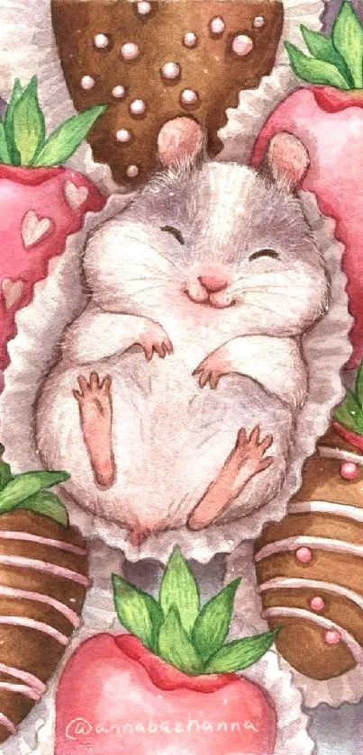 Cute watercolor hamster with chocolate strawberries wallpaper.