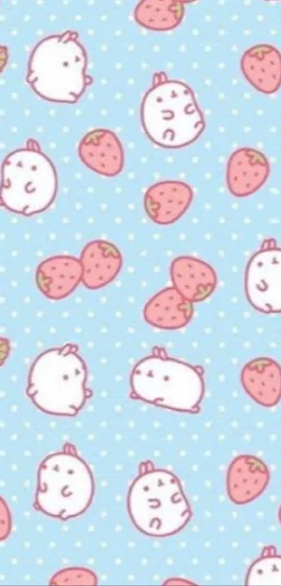 Mobile wallpaper with cute hamsters and strawberries on a blue background.